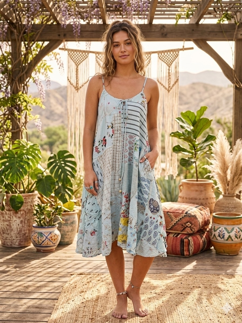 NWT Patchwork Floral Midi Slip Dress in Light Blue S/M